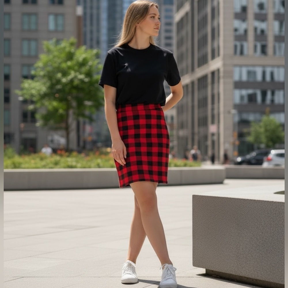 Chic Red and Black Checkered Pencil Skirt